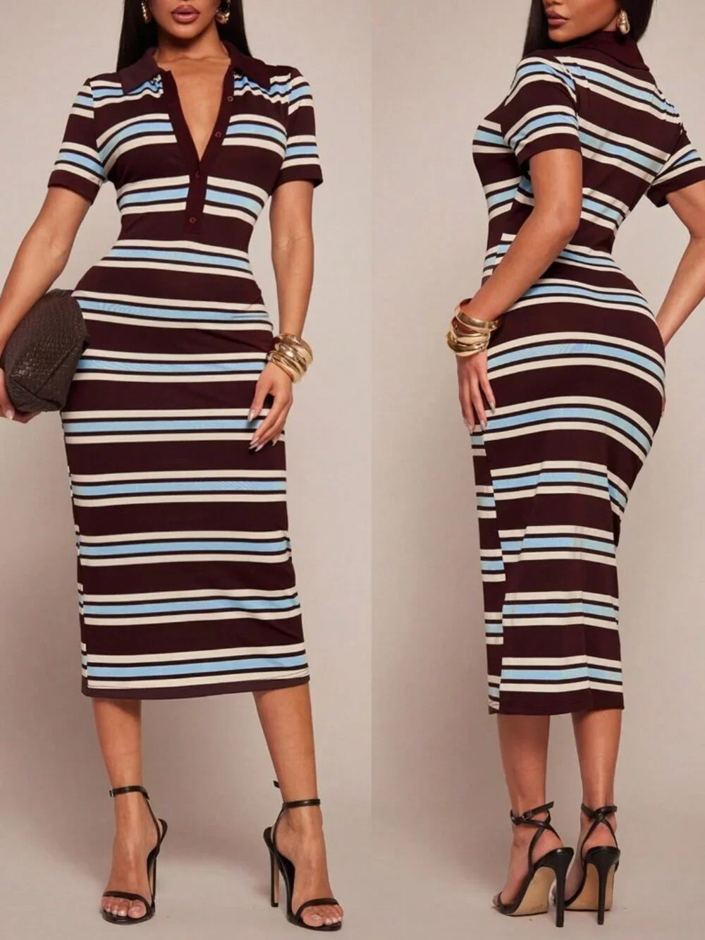 Multicolor Casual Women's Striped Short Sleeve Polo Collar Dress